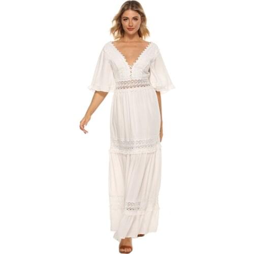 Summer Women Dresses Deep V-neck Ladies Chiffon Long Dress New White Lace Holiday Beach Dress Solid color swing Dress Vestidos