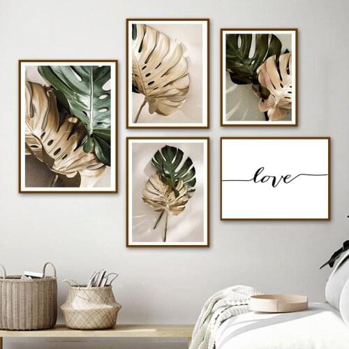 Monstera Line Love Golden Plant Wall Art Canvas Painting Nordic Posters And Prints Wall Pictures For Living Room Bedroom Decor