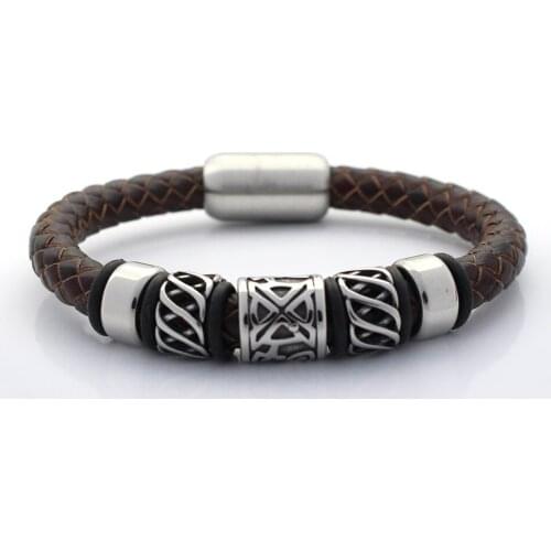Men Wristband 8MM Genuine Braided Leather Bracelet Never Fade 316 Stainless steel Charms Viking Bead Bracelets with Magnet Clasp