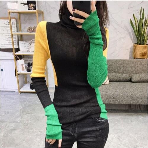 New spring and autumn long-sleeved womens color-blocking casual sweater knitted turtleneck basic top pullover NS583