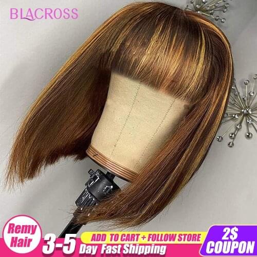 BLACROSS Honey Blonde Bob Wig With Bangs 150% Density Straight Short Brazilian Human Hair Non Lace Front Wig For Black Women