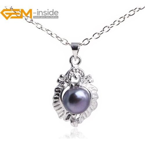 Gem-inside 9-10mm freshwater pearl white gold plated peltate pendant adjustable size For Women Trinket Gift DIY Jewelry