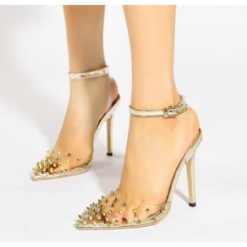 Summer Clear PVC Rivets Pumps Stiletto Heels Studded Spikes Lucency Wedding Shoes Buckle Strap Pointed Toe Slingback Shoes 2021