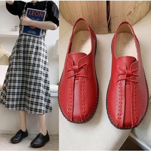 Womens Shoes Leather Soft Sole Mother Shoes Womens Comfortable Flat Single Shoes Casual Loafers Walking Shoes Flat Shoe