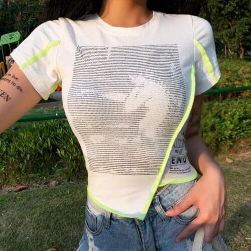 Street Casual Short Patchwork Irregular T-shirt Trendy Letters Prints Women White Tee Shirt Top