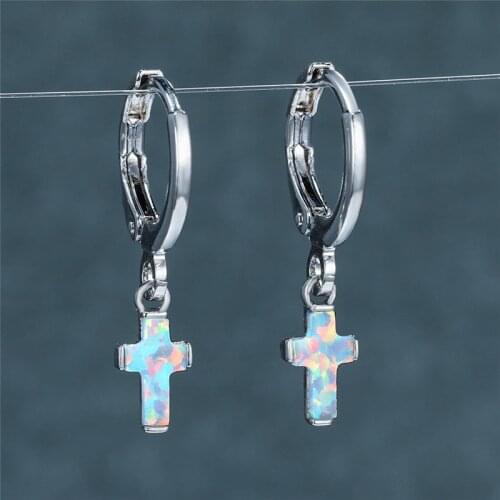 Vintage Bride Wedding Earrings Charm Silver Color Small Hoop Earrings Cute Female White Blue Opal Stone Cross Earrings For Women