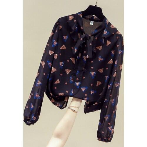 Long Sleeve Blouse Women Blusas Mujer De Moda 2021 Bow V-Neck Print Chiffon Blouse Shirt Tops Womens Tops And Blouses Blusa D757