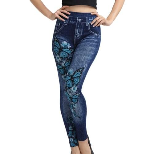 Women High Waist Jeans Leggings Printed Fitness Leggings Slimming Plus Size Denim Jeans Leggings Pocket