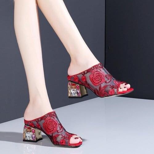 Woman Slippers Elegant Ethnic Style Mesh Embroidery Flower Sandals Women Fashion Rhinestone Square Heel Shoes Female High Heels