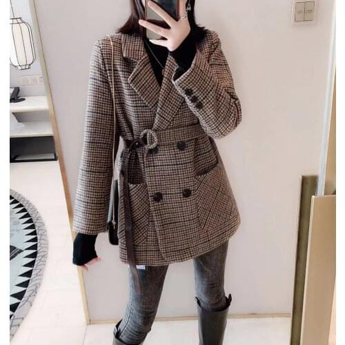 Heydress 2020 Spring Autumn Womens Blazers Sashes Jackets Notched Outerwear England Style OL Vintage Plaid Blazer Woolen Coat