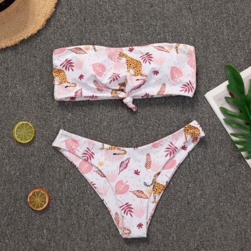 Pink printed tube top swimsuit feminine split bikini cute beachwear swimwear women
