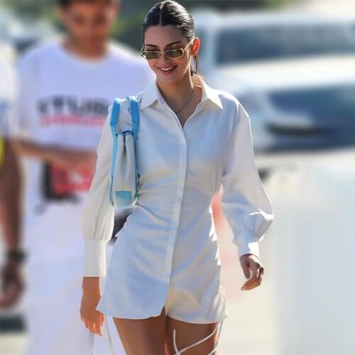 Kendall Jenner Inspired Shirt Dress Drawstring White Silk Long Sleeves Casual Outwear
