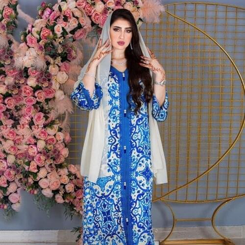 Summer Women Vintage Blue and White Porcelain Print Long Dress Wide Sleeve Maxi Kaftan Abaya Jibab Tubai Turkey Indian Moroccan