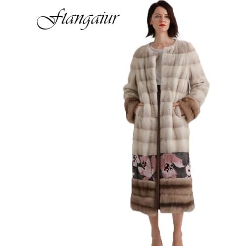 Ftangaiur 2019 Winter Import Velvet Mink Fur Coat O-Neck Ptchwork Print Mink Coat Womens X-Long Natural Real Mink Fur Coats