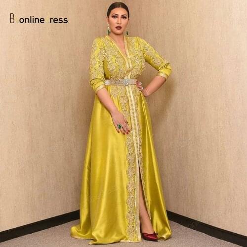 Bbonlinedress Moroccan Caftan Evening Dress 2020 Satin A Line Sleeves Hand Beaded Women Party Wear Formal Gown robe de soiree