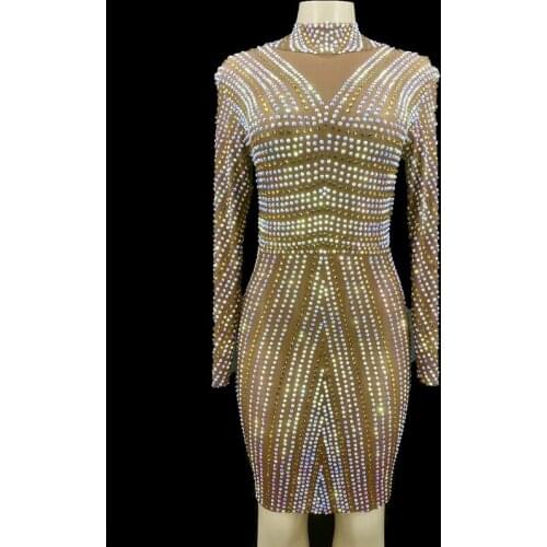 Sparkly Full Rhinestones Mesh Long Sleeve Short Dresses Women Birthday Celebrate Prom Party Dress Singer Performance Stage Wear