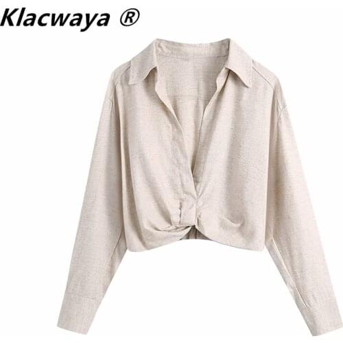 Klacwaya Za Woman 2021 Fashion Pleated Crop Top Blouse Long Sleeve Summer Linen Tops Chic Streetwear Elegant Blouses Mujer