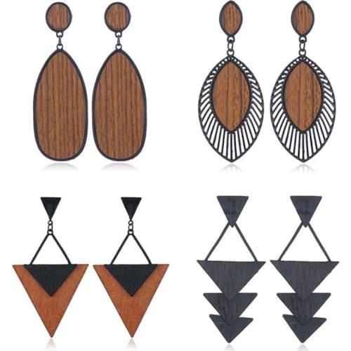 Vintage Elegant Wood Dangel Earrings For Women Fashion Bohemian Geometric Splicing Hollow Drop Earring Jewelry