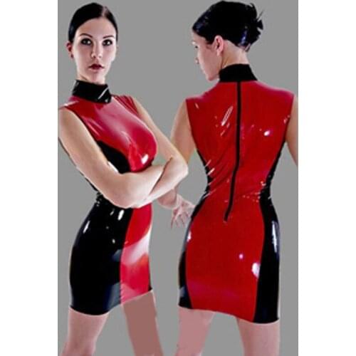Exclusive Sexy PVC Mini Dress Women Red Black Patchwork Shiny Leather Wet Look Dress Catsuit Turtleneck Sleeveless Dress S-6XL