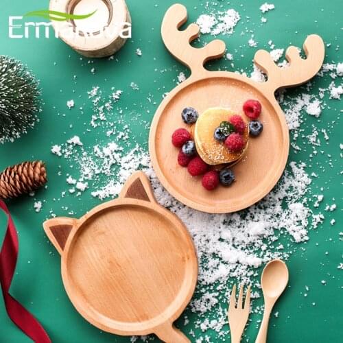 ERMAKOVA Wooden Tray Dinnerware Sets Plates Dishes Cat Rabbit Deer Shape Food Dessert Tea Fruit Nuts Tableware