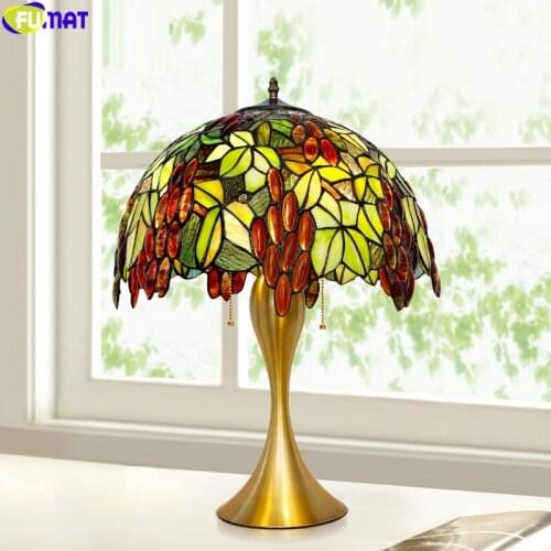 FUMAT Stained Glass Grape Table Lamp Tiffany Desk Lighting Handcraft Arts Light Home Decor Classical Reading Lamps European LED