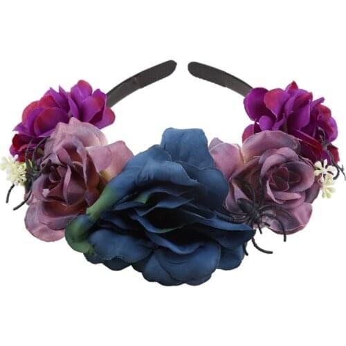 Halloween Day of the Dead Headband Bloomy Rose Floral Crown Scary Spider Skull Festival Hair Hoop Mexican Headpiece