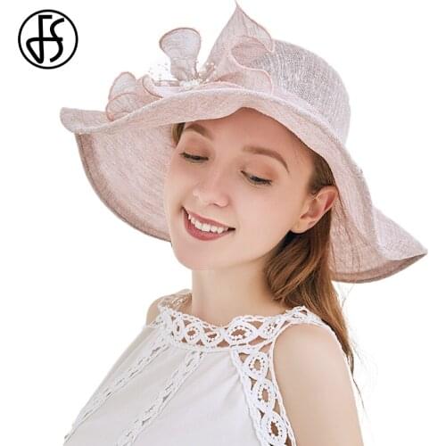 FS Cotton Linen Foldable Ladies Kentucky Derby Church Fedora Hat With Rhinestone Summer UV Protection Wide Brim Sun Hats