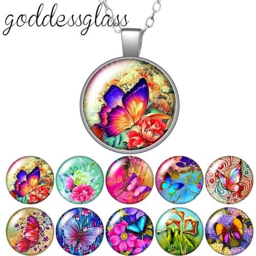 Beauty Colorful Butterfly pendant Round Glass glass cabochon silver plated/Crystal pendant necklace jewelry for Gift