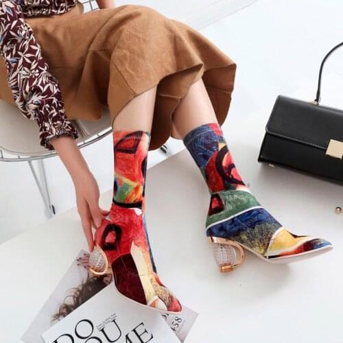 Fashion Mixed Color Plaid Short Boots/Long Boots Stange Heels Stretch Fabric Material Sexy Long Botas Chunky Heel Shoes Woman