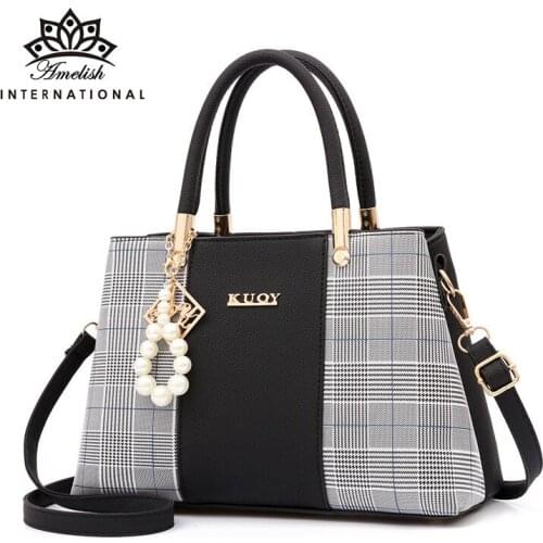 AMELISH Fashion Pearl Tassel Large Capacity Women Totes Plaid Panelled Bag for Lady 2021 Female Top-handle Bags Casual Handbags
