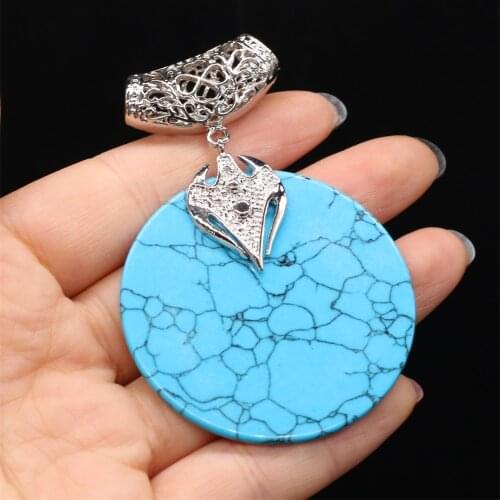 Natural Stone Pendant Round Turquoises Silver Color Pendant for Charms Jewelry Making DIY Necklace Earring