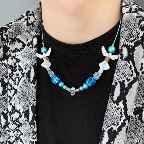 Luokey Chic Strand Beads Punk Pearl Necklace For Men Blue Green Angel Dice Skull Hip Hop Necklace Women Girls Party Goth Jewelry