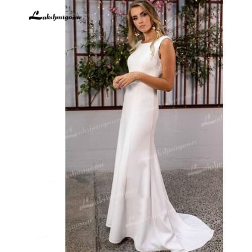 Sexy Soft Satin Sheath Wedding Dresses Lace Boat Neck Sleeveless Deep Open Back Floor-Length Sweep/Brush Train Bride Gowns 2021