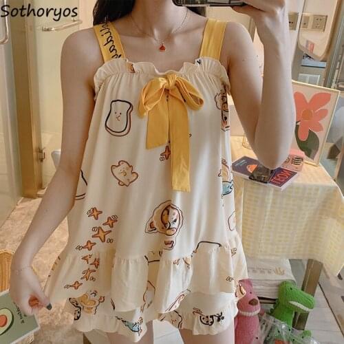 Pajama Sets Women Lovely Printed Bow Sleeveless Tops Ruffles Shorts Slim Cozy Fashion Students Nightwear Leisure Lounge Popular