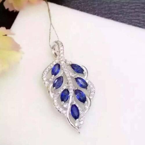 Natural sapphire stone pendant 925 Sterling silver Natural gemstone Pendant Necklace trendy Luxury big leaves women girl jewelry