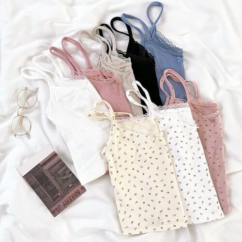 Sexy Lace Patchwork Summer Tank Tops Women Fitted Camis Girl Cute Floral Print Cozy Elastic Corset T-shirt Female