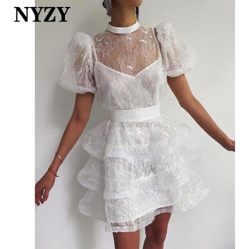 NYZY C288 Chic Short Sleeves White Lace Cocktail Dresses for Wedding Party Night Graduation Homecoming