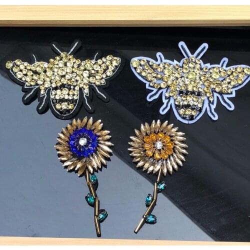 Rhinestone Bee Beaded Patch for Clothing Sewing on Beading Sunflower Applique Clothes Shoes Bags Decoration Patch DIY Apparel