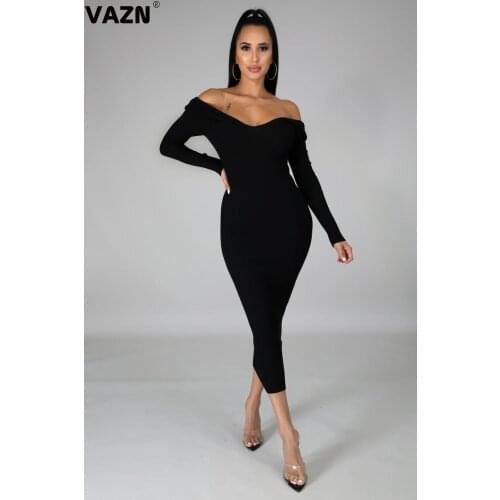 VAZN 2020 Hot List Knit Dress Sexy Joker Elastic Sweet Designer Solid Young Full Sleeve Women High Waist Thin Midi Dress