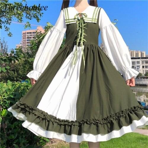 Japanese Sweet Womens Lolita Dress Kawaii Sailor Collar Contrast Cross Bandage Bow Cute Ruffles Lantern Sleeve Dresses Vestidos