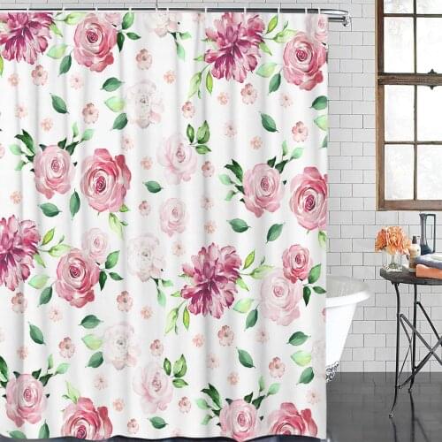 Red Watercolor Flowers Retro Shower Curtain Polyester Fabric Waterproof Shower Curtains Modern Bathroom Curtain