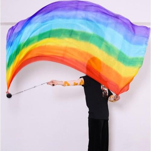 New Belly Dance 200x90cm Silk Veil Poi Chain Thrown Ball Women Streamer Stage Performance Props Rainbow Color Gradient Accessory