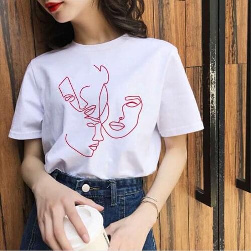 Summer New Women Tshirt Abstract Line Print Harajuku Graphic T shirt White Short Sleeve Female T shirt Ladies Tshirt