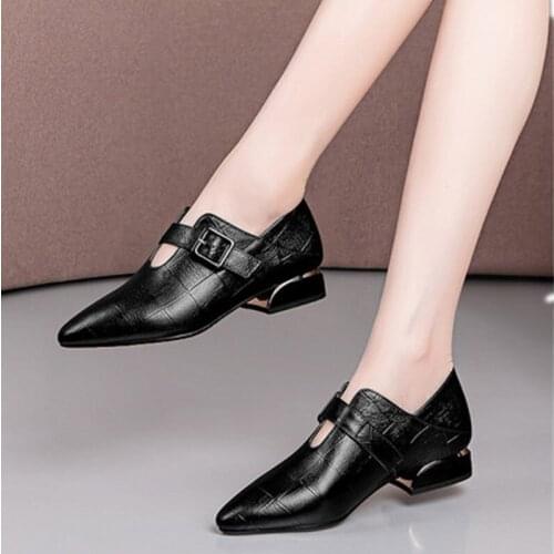 2021 Leather Womens Shoes Spring Pointed Toe Shoes Woman Thickened High Heels Ankle Boots Buckle Strap Dual-purpose Pumps