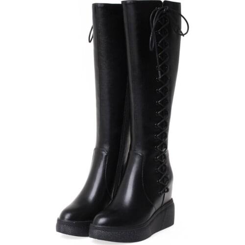 2021 Thigh High Fashion Sneakers Women Lace Up Genuine Leather Wedges High Heel Snow Boots Female Round Toe Platform Pumps Shoes