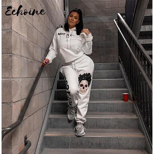 Letters Print Two 2 Piece Set Women Outfits Tracksuit Female White Loose Hoodies Women Leggings Streetwear Matching Sets
