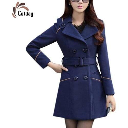 Cotday Wool Double Breasted Office Style Lady Blue Women Grace Winter Warm Long Elegant Trench Women Loose Woolen Blend Coat