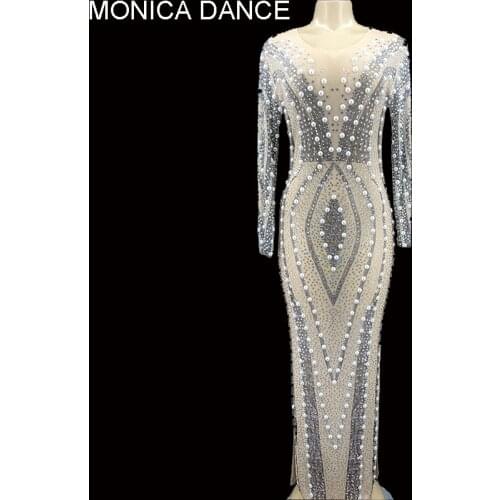Women Sexy Stage Rhinestone Pearls Transparent Long Dress Evening Birthday Celebrate Costume Wedding Dancer Prom Party Dress