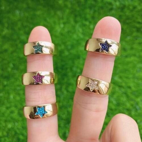 5PCS, Fashion Star Moon Gold Copper Zircon Rings Adjustable Rainbow CZ Colorful Crystal Ring jewelry Gift for Women