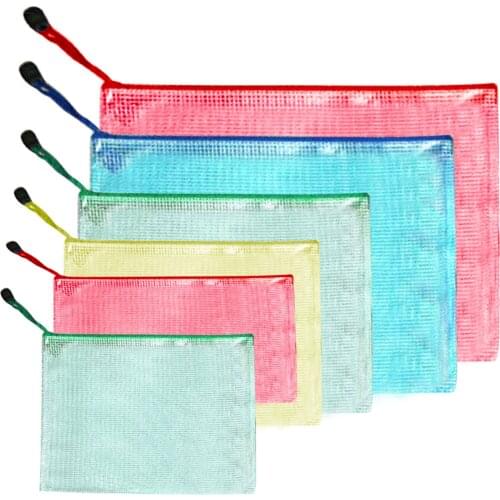 6PCS Zipper File Bag Multi-size Document Paper Folder Bag Mesh Documents Pouch Storage for Office School Teacher Random Color